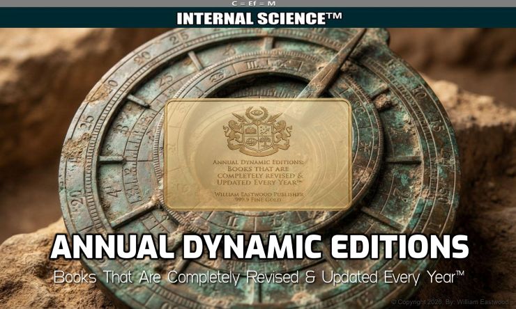 An intricate, ancient bronze astrolabe artifact, weathered by time, is overlaid with a polished gold seal watermark bearing the complex text 'C=Ef=M:INTERNAL SCIENCE™: ANNUAL DYNAMIC EDITIONS: BOOKS THAT ARE COMPLETELY REVISED & UPDATED EVERY YEAR'.