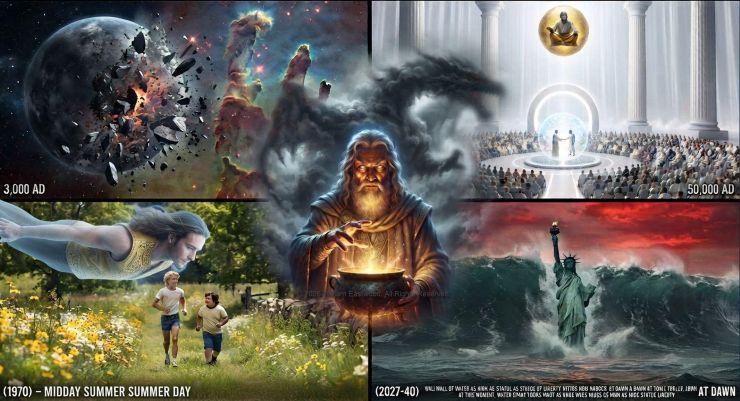 A cinematic four-quadrant composite poster for The Dragon Slayer Prophecy featuring Mrelin at the center with a glowing cauldron, surrounded by scenes of a 1970 country road with an astral projection, the destruction of a metallic planet in 3000 AD, a massive tidal wave hitting the Statue of Liberty, and a divine council in the Galactic Hall of 50,000 AD.