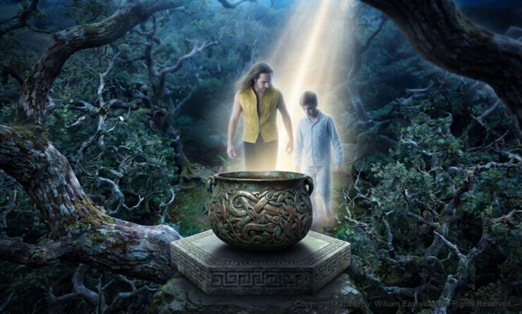 Ethereal film still from the development stage of the high-concept motion picture The Dragon Slayer Prophecy, showing the protagonist Teller (based on author William Eastwood) in a glowing astral form guiding his younger self in an ancient, mystical oak forest toward an ornate Celtic cauldron.