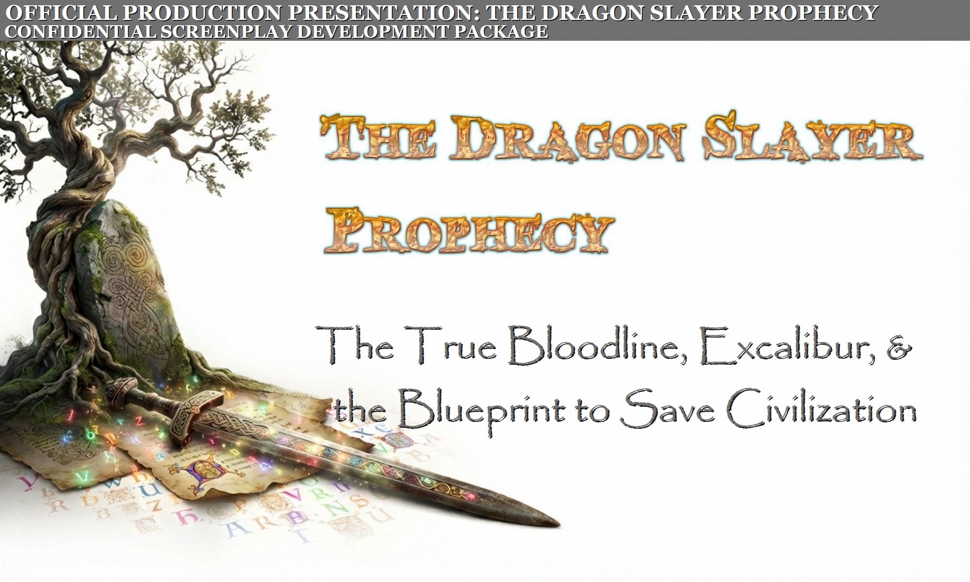A conceptual production still for the film project "The Dragon Slayer Prophecy," featuring Excalibur resting on a colorful, monk-illustrated manuscript and a gnarly old oak tree beside a Celtic inscribed stone. A header across the top reads: OFFICIAL PRODUCTION PRESENTATION | THE DRAGON SLAYER PROPHECY | CONFIDENTIAL SCREENPLAY DEVELOPMENT PACKAGE. The title "THE DRAGON SLAYER PROPHECY: The True Bloodline, Excalibur, and the Blueprint to Save Civilization" is floating in the air to the right of the tree.