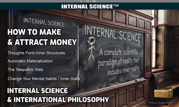 A university classroom blackboard featuring chalk writing that displays Internal Science principles: Thoughts Form Inner Structures. Automatic Materialization. The Telepathic Web. Change Your Mental Habits / Inner State.