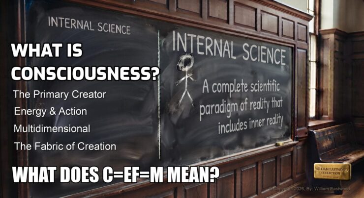 A university classroom blackboard on which it is written, “INTERNAL SCIENCE: A complete scientific paradigm of reality that includes inner reality. WHAT IS CONSCIOUSNESS: The primary creator, Energy & Action, Multidimensional, The Fabric of Creation. WHAT DOES 'E=Ef=M' MEAN?"