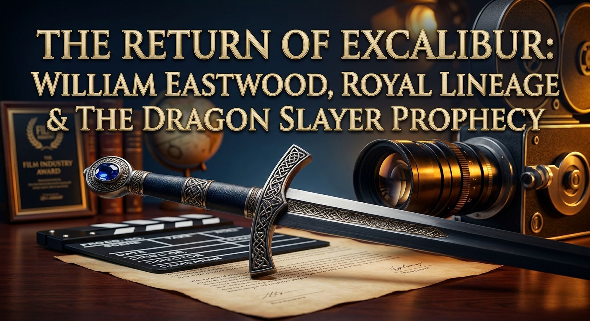 A cinematic and authoritative feature image compositing a highly detailed medieval sword, representing Excalibur, with vintage professional film equipment, including a camera lens and film reels, on a dark wooden desk. Prominently displayed at the top is the article's two-line title in elegant, gold-textured script: 'THE RETURN OF EXCALIBUR: WILLIAM EASTWOOD, ROYAL LINEAGE & THE DRAGON SLAYER PROPHECY'. A blurred background of a library and industry awards adds to the prestige. The color palette uses rich navy, gold, and amber tones.