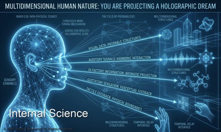 A scientific blue energy profile of a human head and shoulders showing light rays extending from sensory channels into a holographic field of probabilities, representing multidimensional human nature and reality projection.