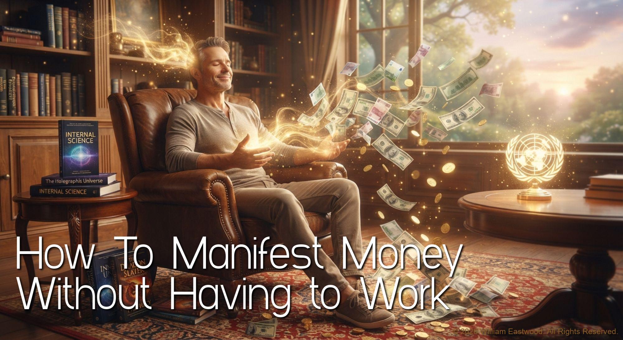 A relaxed man in a sunlit study, representing William Eastwood, visualization and feeling abundance into existence. Golden light radiates from his hands, materializing a cascade of floating banknotes and gold coins that surround him effortlessly. Books by William Eastwood are visible on shelves, and the Inner UN globe symbol is on the table. This image illustrates the article: 'How Do I Manifest Money Without Having to Work? Materialize What You Want the Easy Way'.