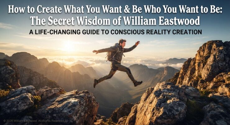 A dynamic promotional image of a man leaping across mountain peaks at sunrise, overlaid with the text "How to Create What You Want & Be Who You Want to Be: The Secret Wisdom of William Eastwood" and "A Life-Changing Guide to Conscious Reality Creation."