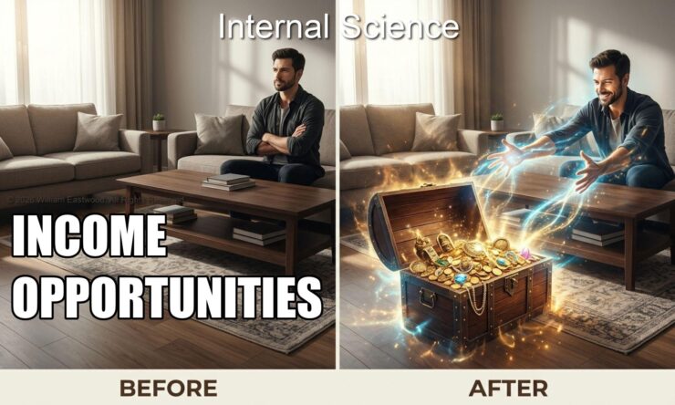 Before and after comparison illustrating Internal Science, showing a man sitting unhappily with crossed arms labeled Before, and the same man emitting light from his hands and manifesting a treasure chest of gold and jewels labeled After.