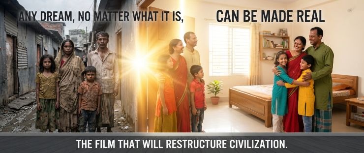 Cinematic split-image showing a family moving from poverty to a bright new home, with text reading "Any dream, no matter what it is, can be made real" across the top and "The film that will restructure civilization" at the bottom.