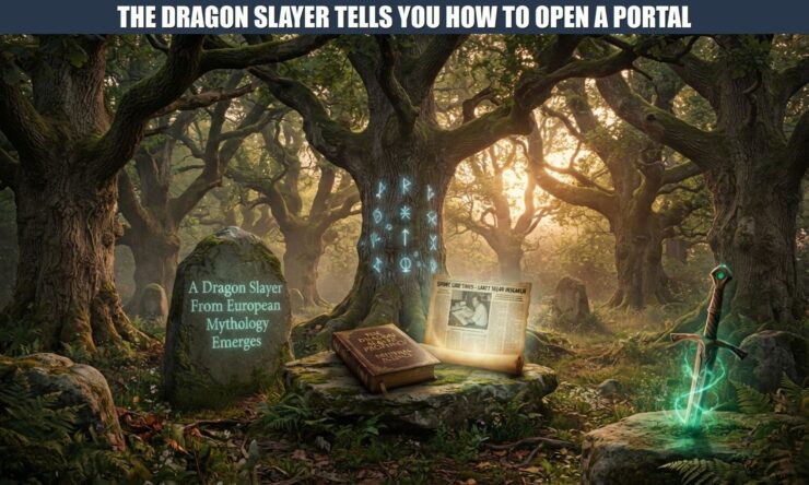 A mystical Druid Oak grove featuring a standing stone inscribed with "A Dragon Slayer From European Mythology Emerges, the words, "THE DRAGON SLAYER TELLS YOU HOW TO OPEN A PORTAL" a weathered book, glowing microfilm of an archival newspaper article, and an Excalibur hilt with emerald energy.