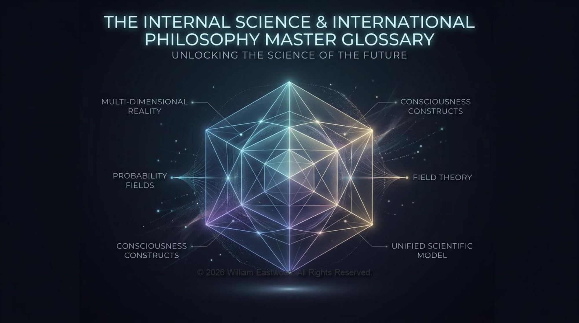 A clean, dark infographic titled THE INTERNAL SCIENCE & INTERNATIONAL PHILOSOPHY MASTER GLOSSARY, centered on a complex, multi-colored glowing geometric field construct with nodes. Small text labels connect to various points, including CONSCIOUSNESS CONSTRUCTS, MULTI-DIMENSIONAL REALITY, FIELD THEORY, UNIFIED SCIENTIFIC MODEL, and PROBABILITY FIELDS. The subtitle reads: UNLOCKING THE SCIENCE OF THE FUTURE.