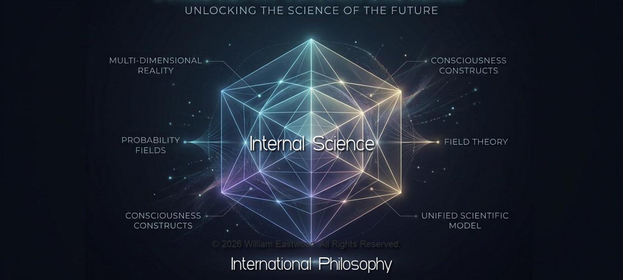 A geometric grid representing Internal Science with text reading, "UNLOCKING THE SCIENCE OF THE FUTURE: Internal Science: International Philosophy: MULTI-DIMENSIONAL REALITY, CONSCIOUSNESS CONSTRUCTS, PROBABILITY FIELDS, UNIFIED SCIENTIFIC MODEL".